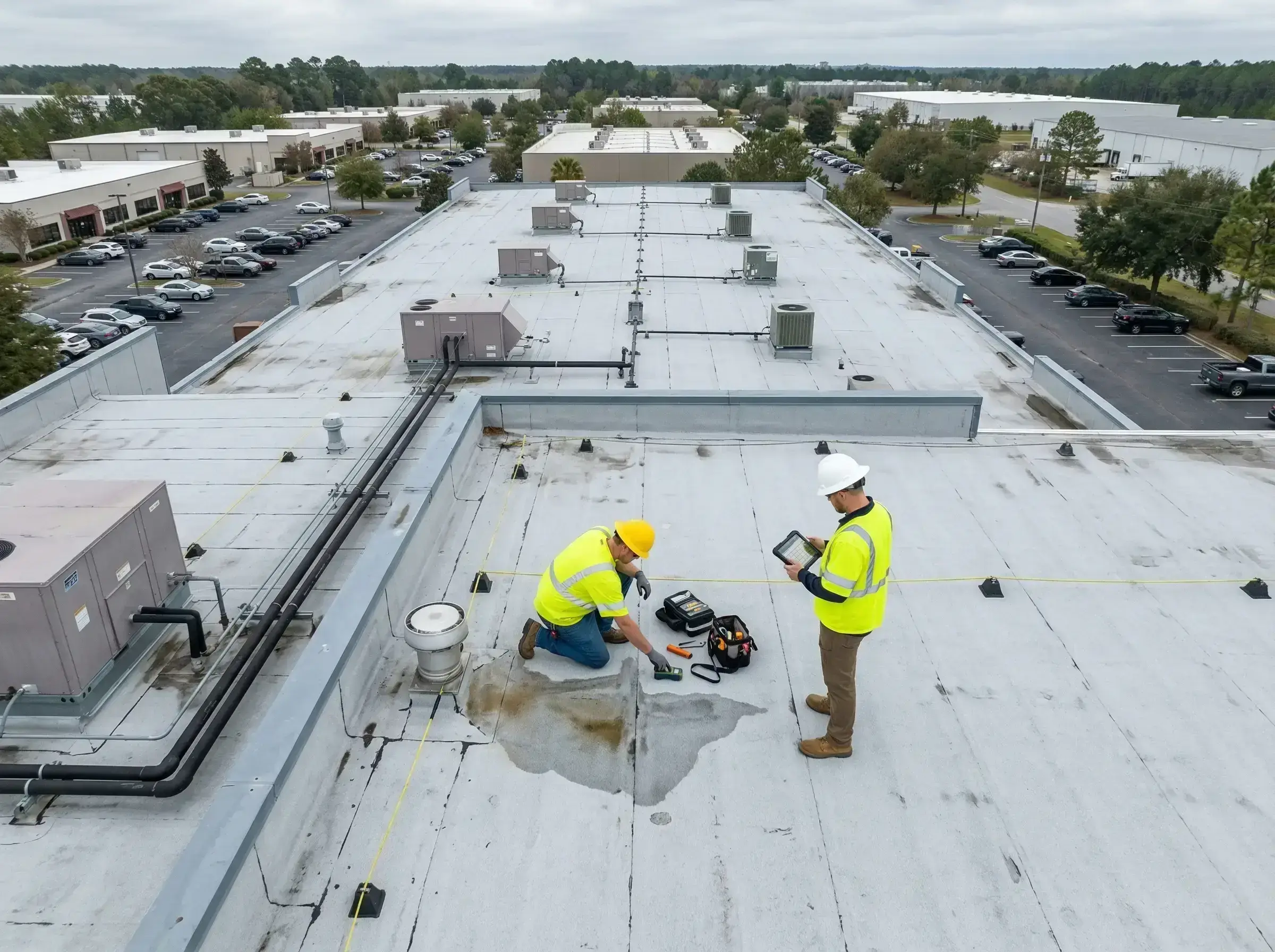 Flat roof repair and leak detection Atlanta GA commercial building