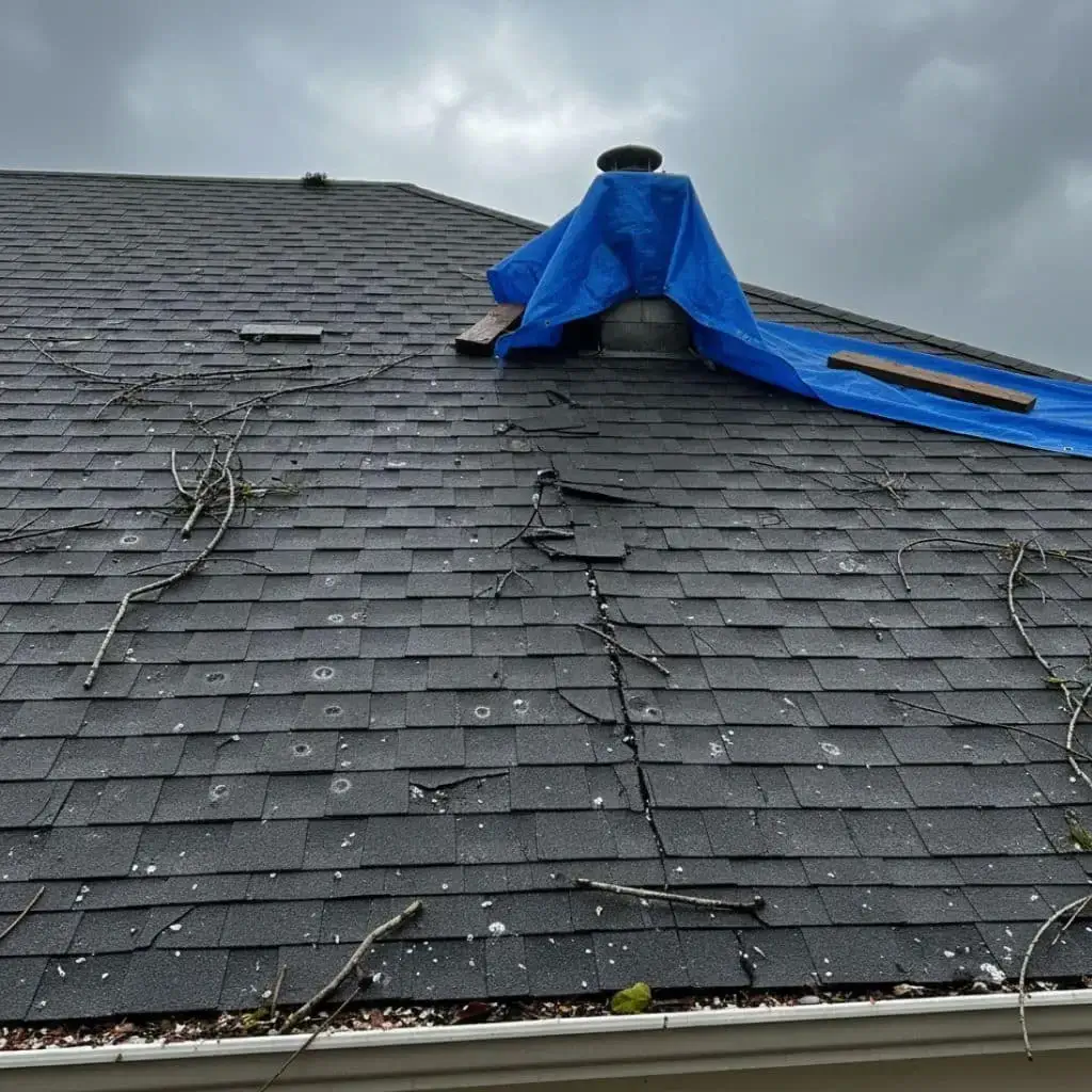 Roof storm damage before GIP emergency restoration Atlanta GA